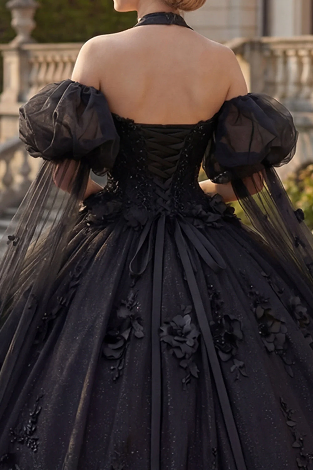 Ball Gown Halter Neck Appliqued Black Beaded Quinceanera Dress with Puff Sleeves - Image 4