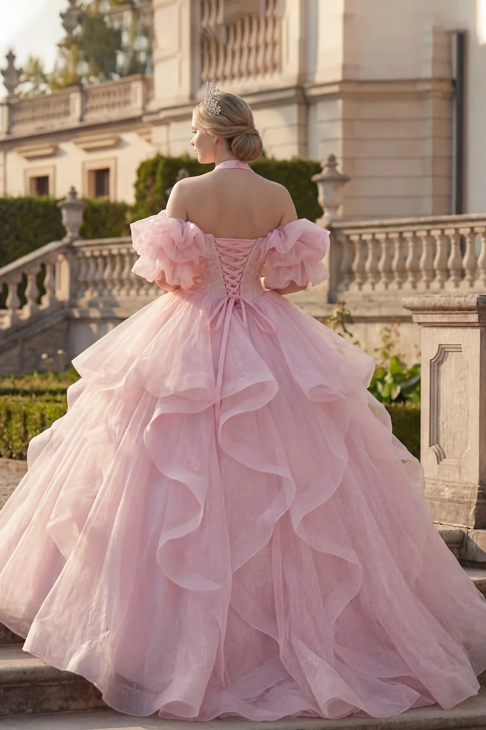 Ball Gown Halter Neck Blush Ruffled Quinceanera Dress with Puff Sleeves - Image 2