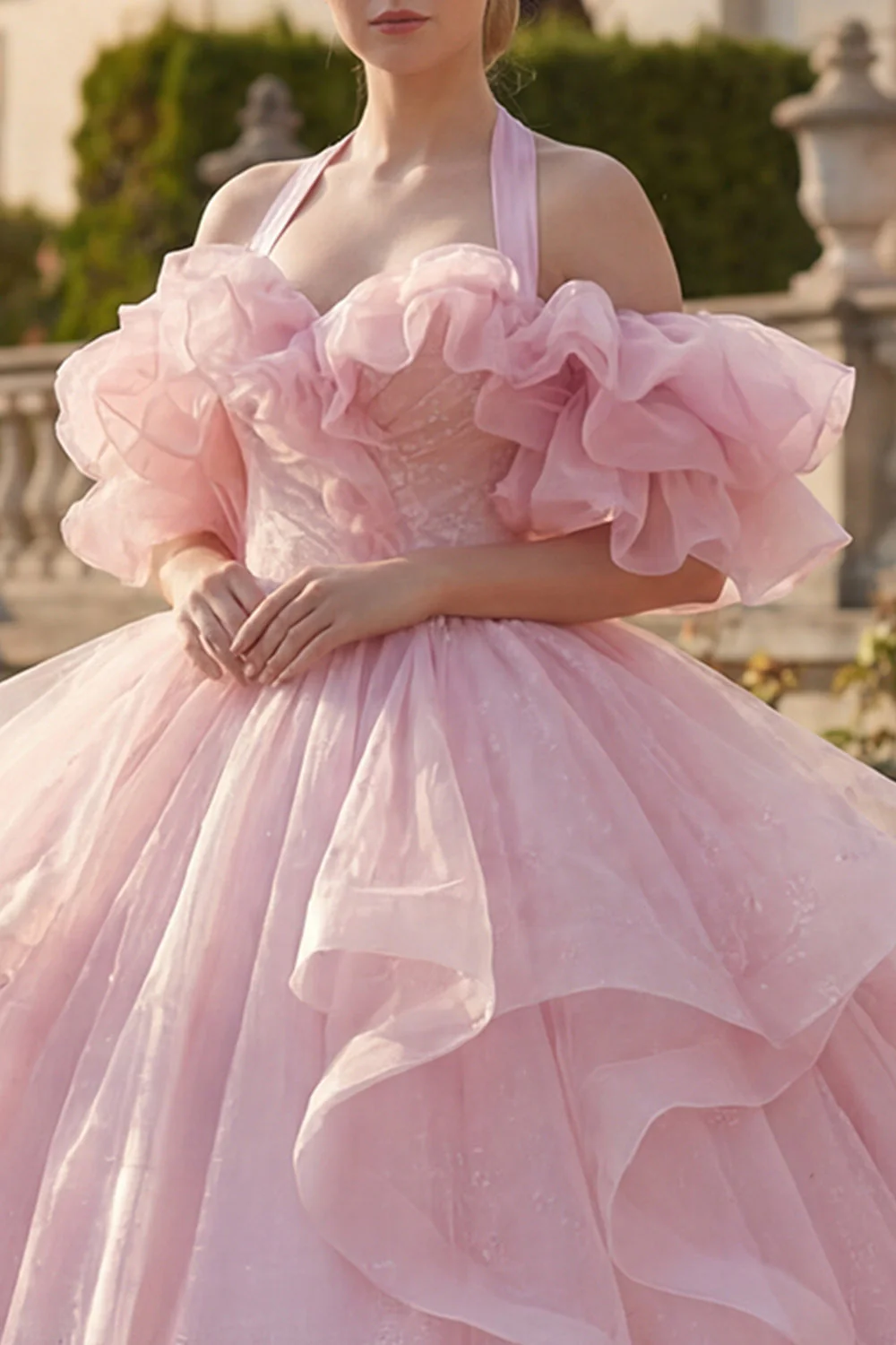 Ball Gown Halter Neck Blush Ruffled Quinceanera Dress with Puff Sleeves - Image 3