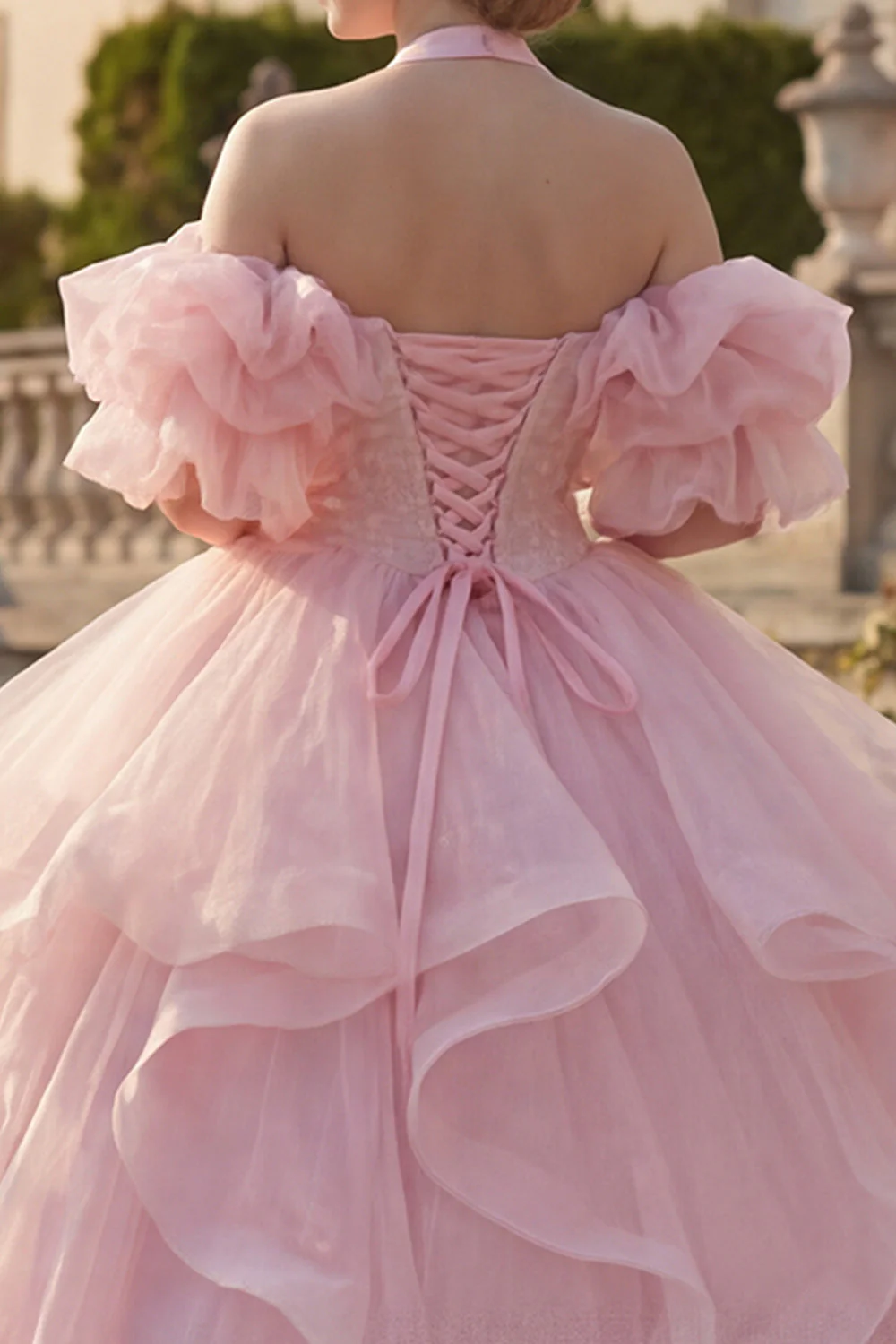Ball Gown Halter Neck Blush Ruffled Quinceanera Dress with Puff Sleeves - Image 4