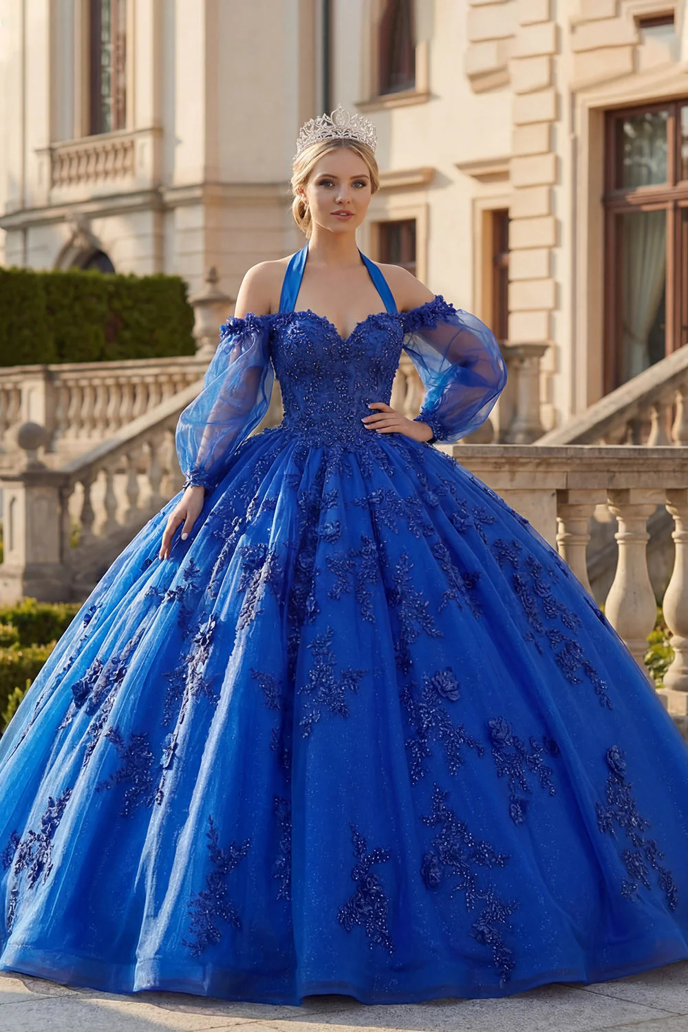 Ball Gown Halter Neck Royal Blue Appliqued Glitter Quinceanera Dress