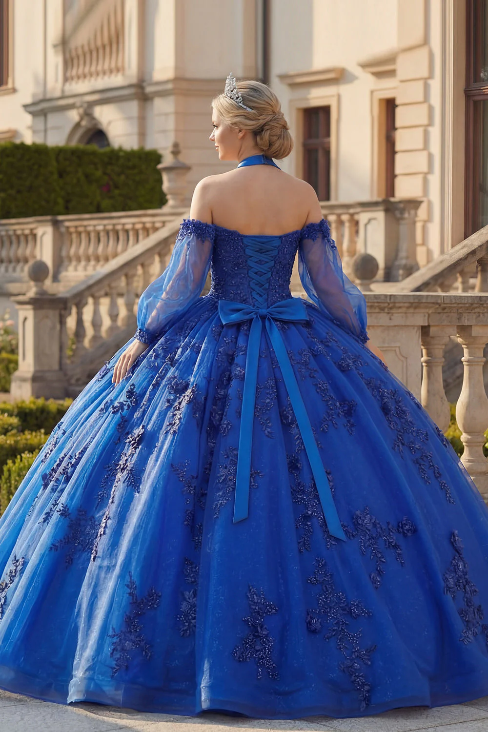 Ball Gown Halter Neck Royal Blue Appliqued Glitter Quinceanera Dress - Image 2