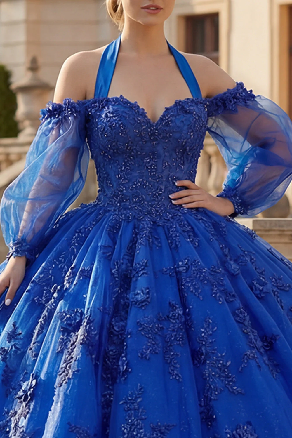 Ball Gown Halter Neck Royal Blue Appliqued Glitter Quinceanera Dress - Image 3