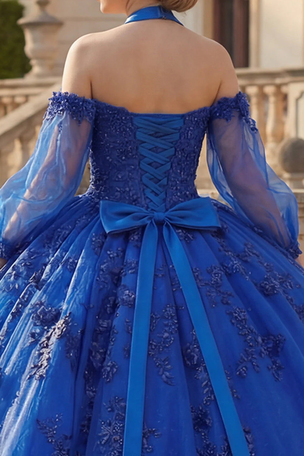 Ball Gown Halter Neck Royal Blue Appliqued Glitter Quinceanera Dress - Image 4
