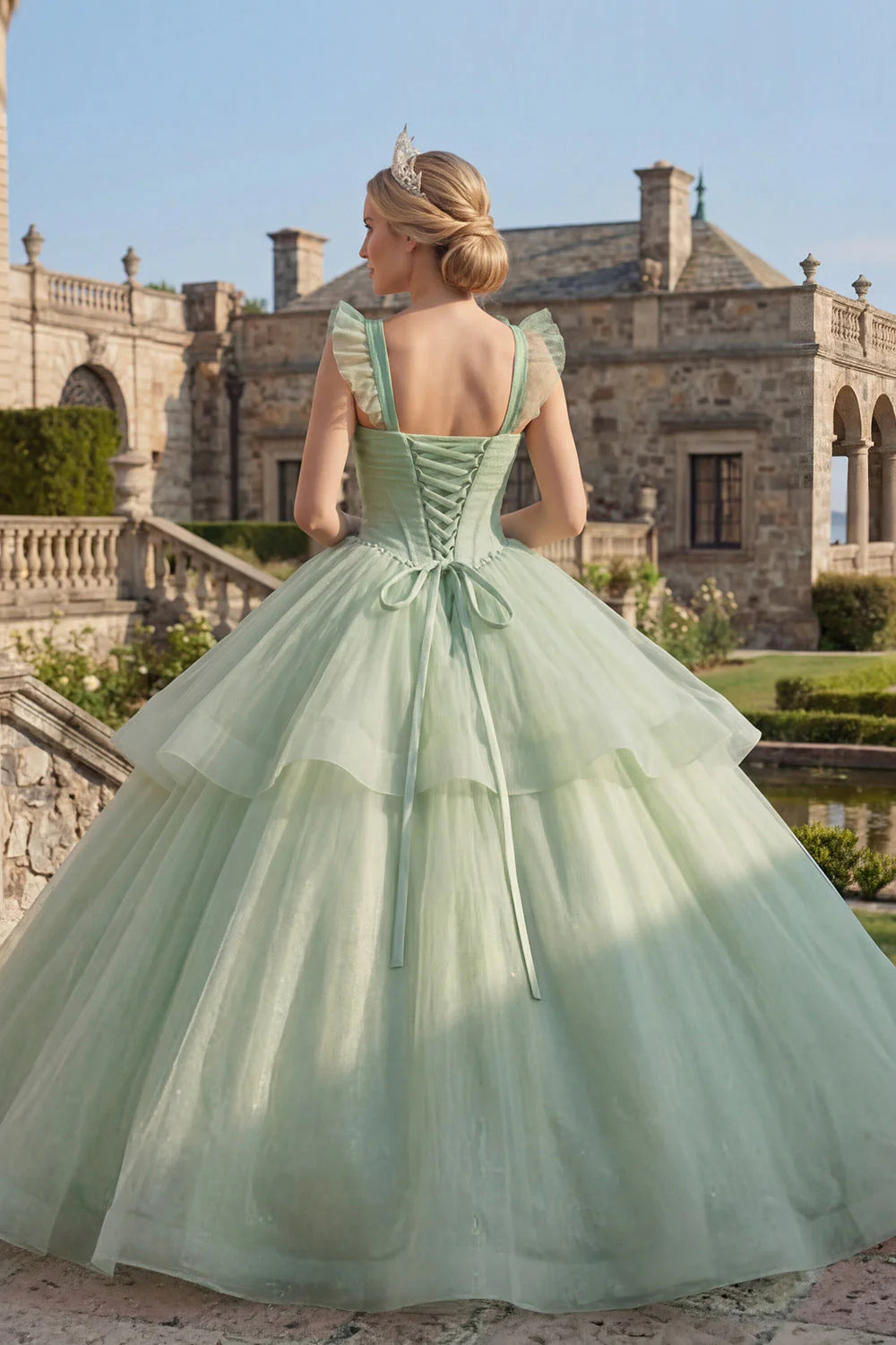 Ball Gown Mint Green Corset Tiered Princess Quinceanera Dress - Image 2