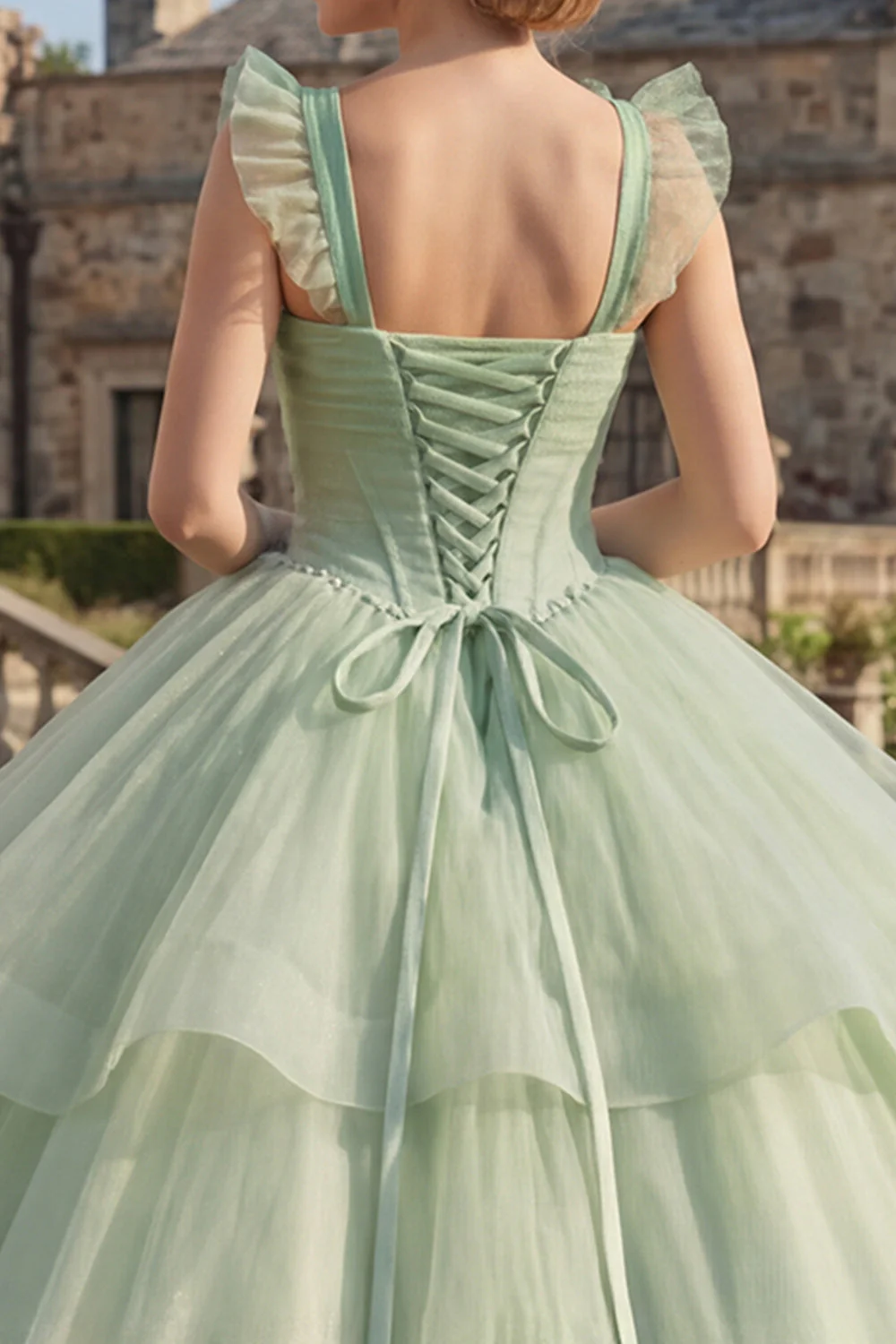 Ball Gown Mint Green Corset Tiered Princess Quinceanera Dress - Image 4