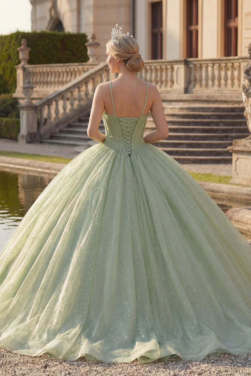 Ball Gown Mint Green Halter Neck Corset Glitter Quinceanera Dress - Image 2