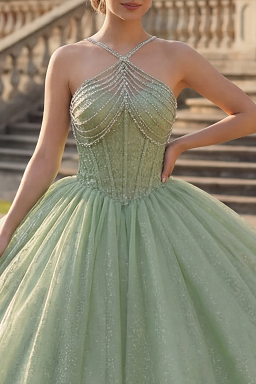 Ball Gown Mint Green Halter Neck Corset Glitter Quinceanera Dress - Image 3