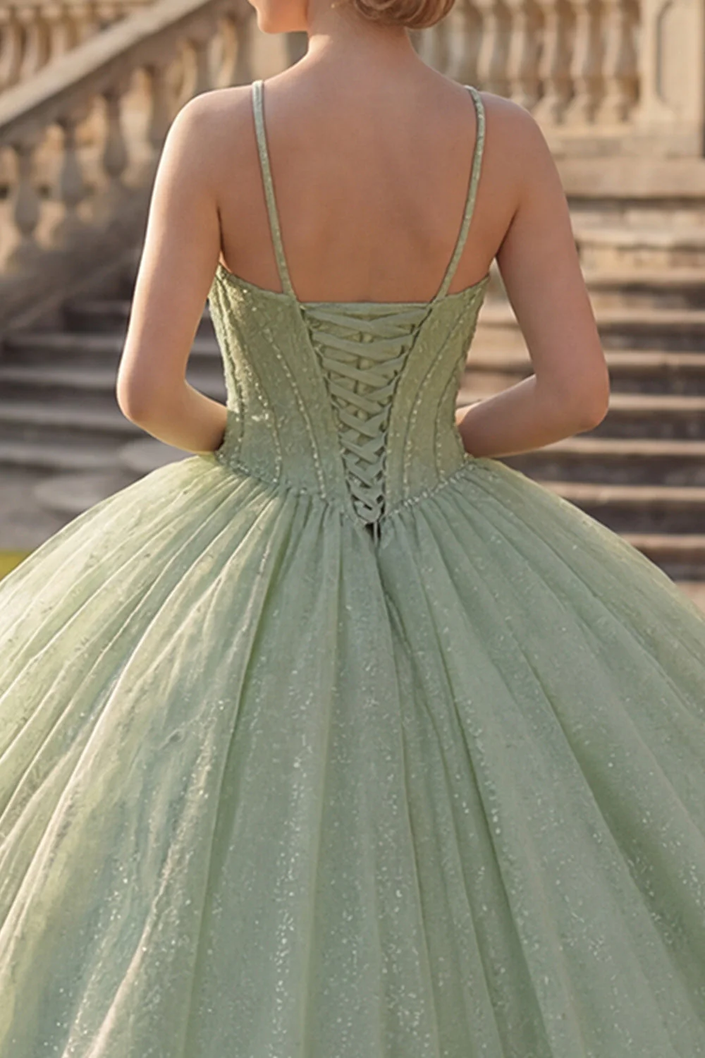 Ball Gown Mint Green Halter Neck Corset Glitter Quinceanera Dress - Image 4