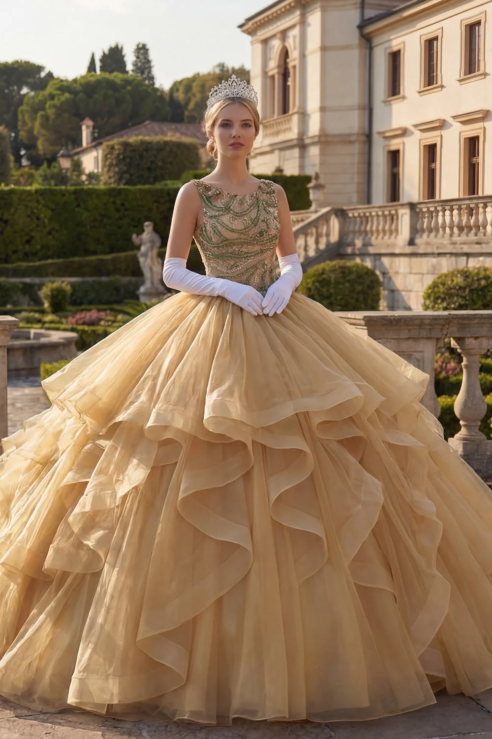 Ball Gown Mustard Yellow Round Neck Ruffled Sequins Quinceanera Dress