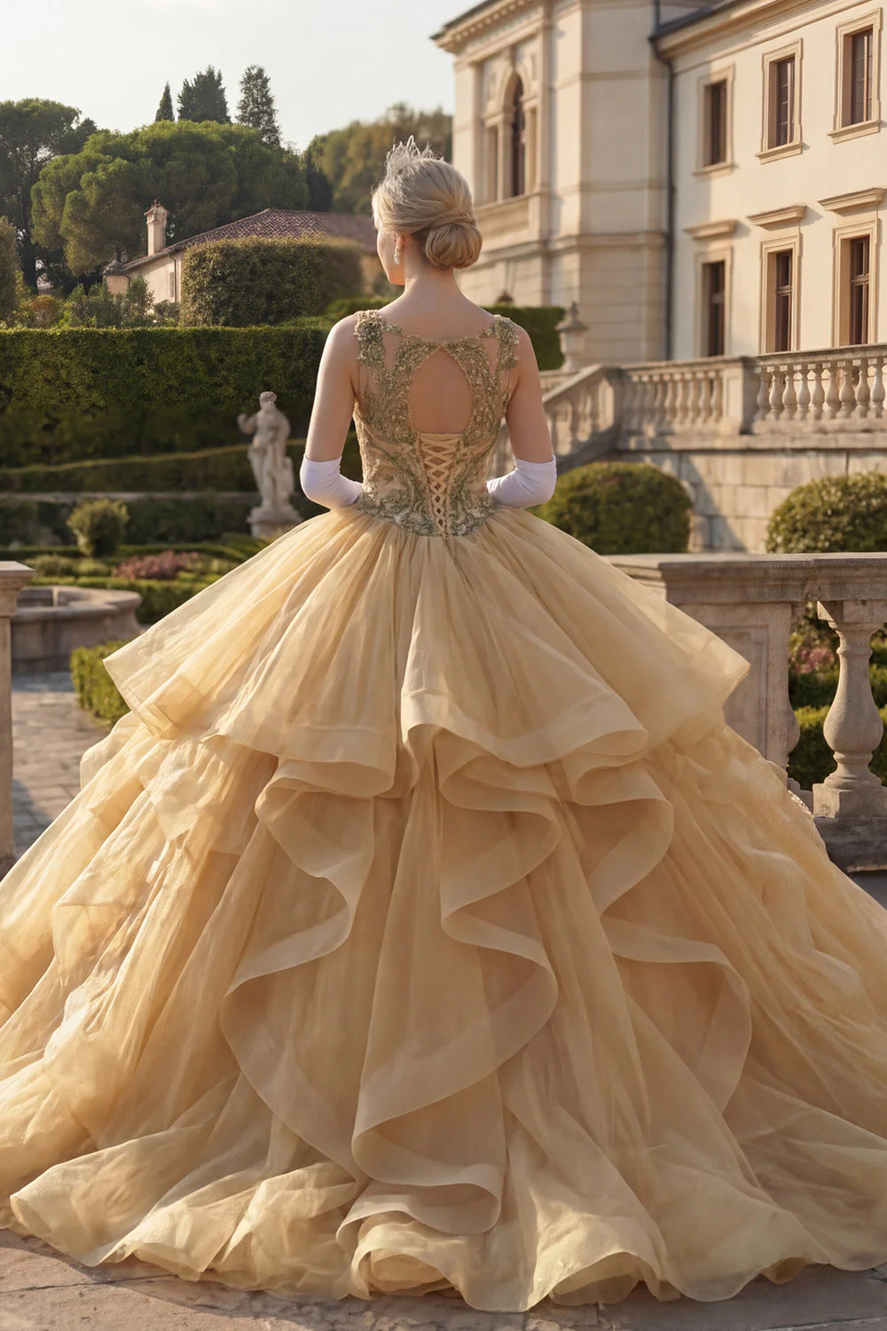 Ball Gown Mustard Yellow Round Neck Ruffled Sequins Quinceanera Dress - Image 2