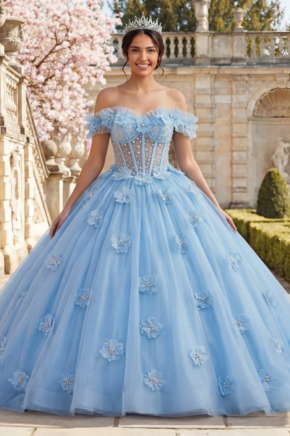 Ball Gown Off the Shoulder Blue Pearls Corset Quinceanera Dress with 3D Flowers