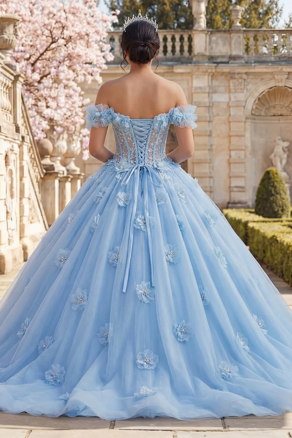 Ball Gown Off the Shoulder Blue Pearls Corset Quinceanera Dress with 3D Flowers - Image 2