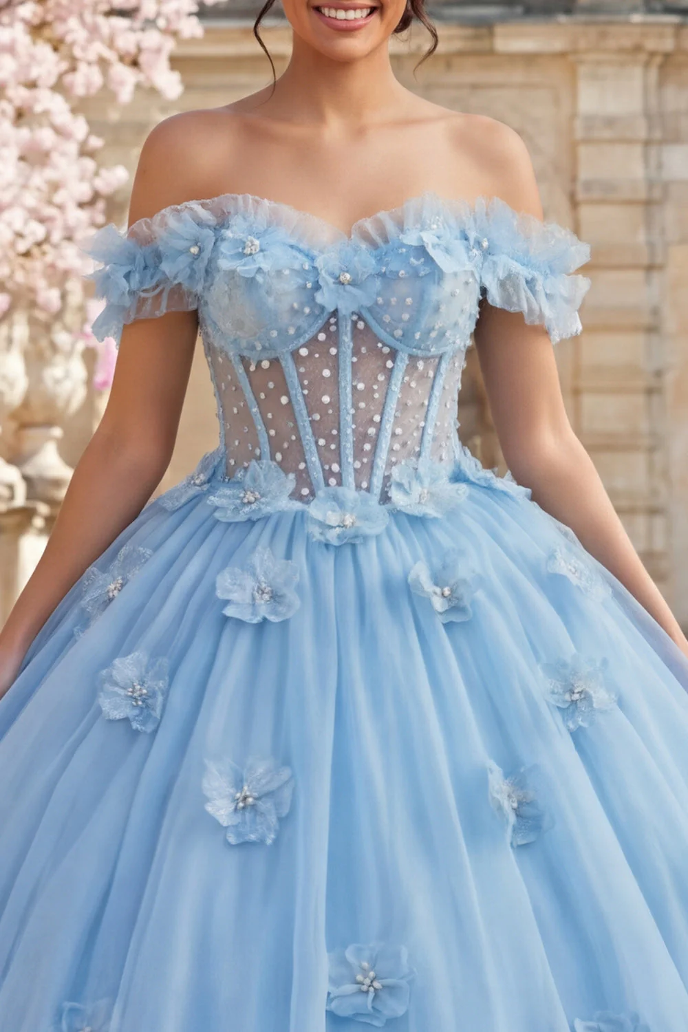 Ball Gown Off the Shoulder Blue Pearls Corset Quinceanera Dress with 3D Flowers - Image 3