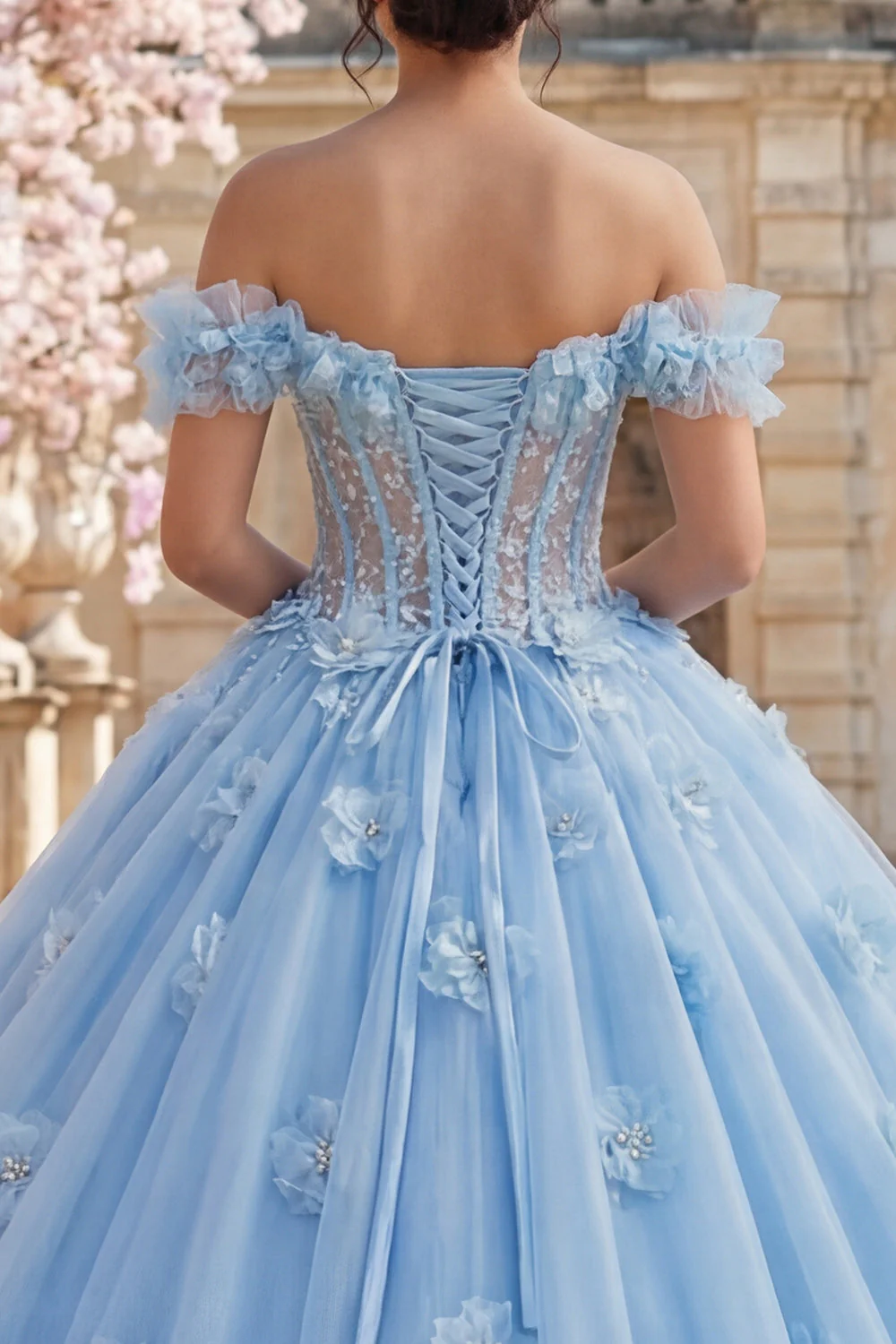 Ball Gown Off the Shoulder Blue Pearls Corset Quinceanera Dress with 3D Flowers - Image 4