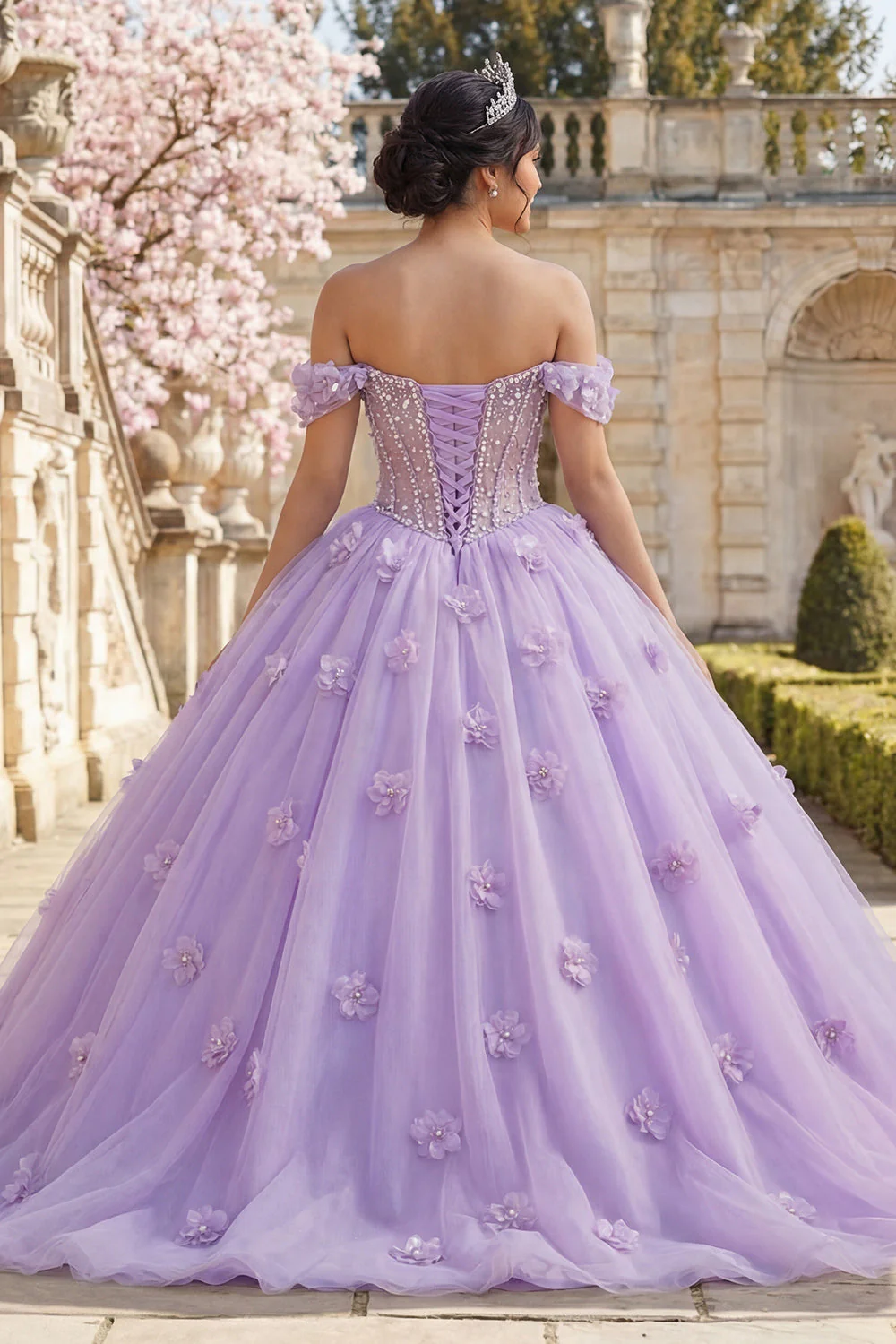 Ball Gown Off the Shoulder Corset Lilac Quinceanera Dress With 3D Flowers - Image 2