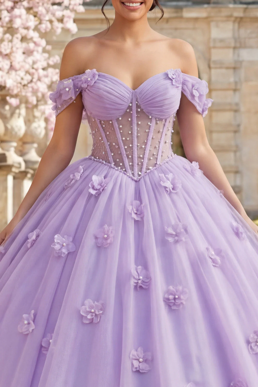 Ball Gown Off the Shoulder Corset Lilac Quinceanera Dress With 3D Flowers - Image 3