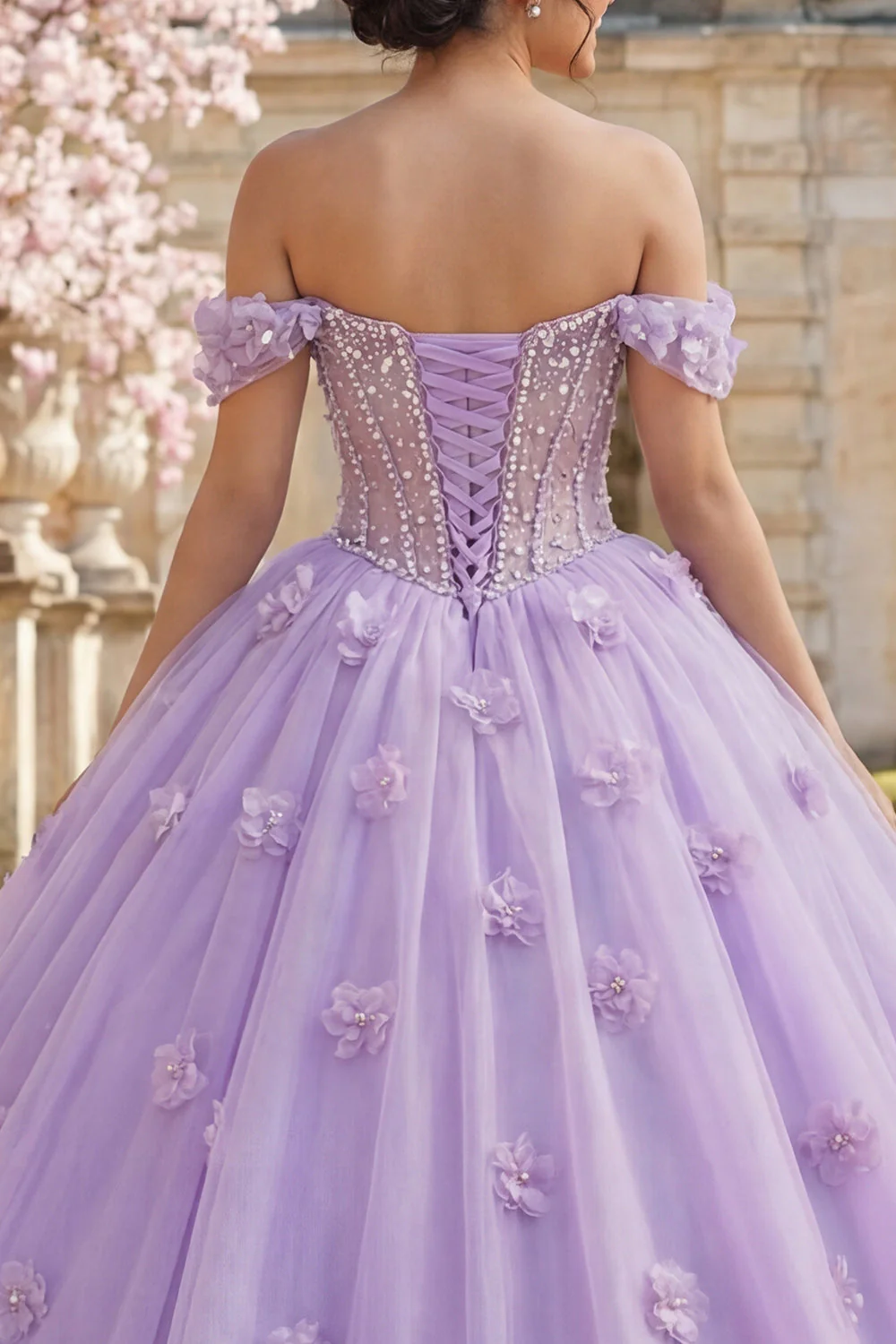 Ball Gown Off the Shoulder Corset Lilac Quinceanera Dress With 3D Flowers - Image 4