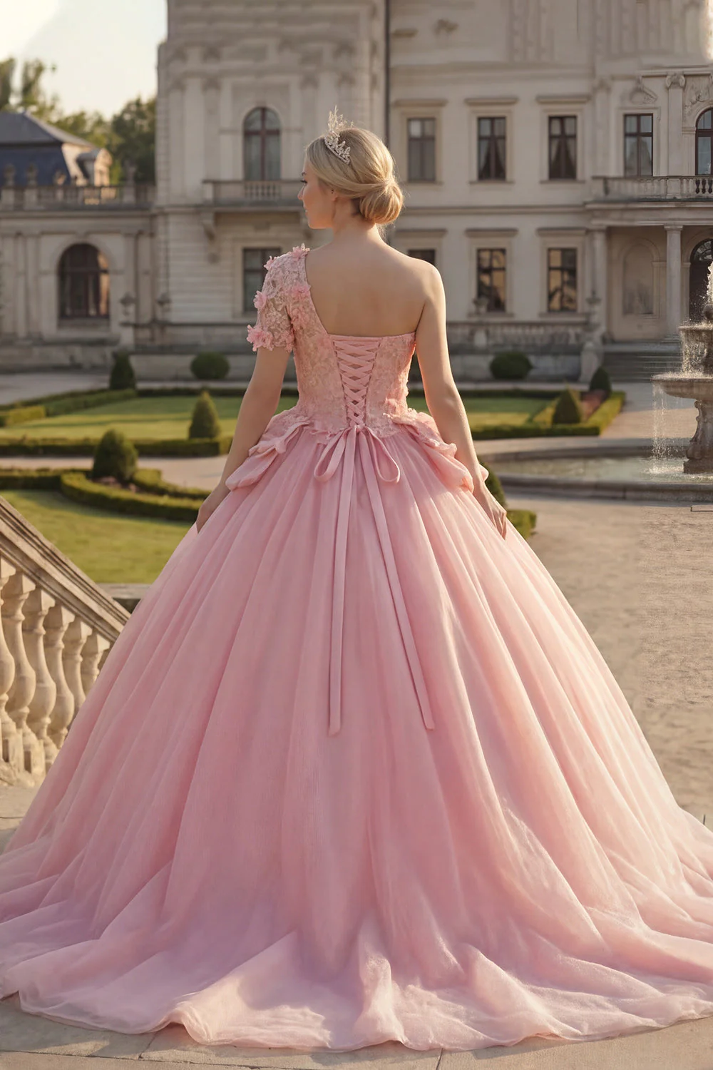 Ball Gown Pink One Shoulder Appliqued Quinceanera Dress - Image 2