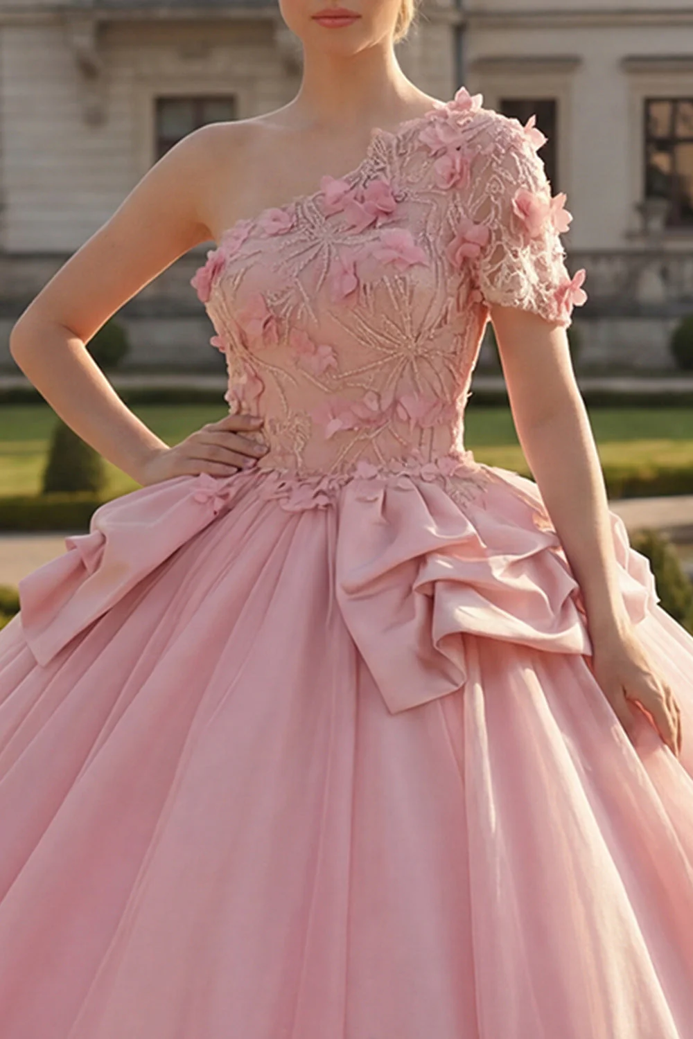 Ball Gown Pink One Shoulder Appliqued Quinceanera Dress - Image 3