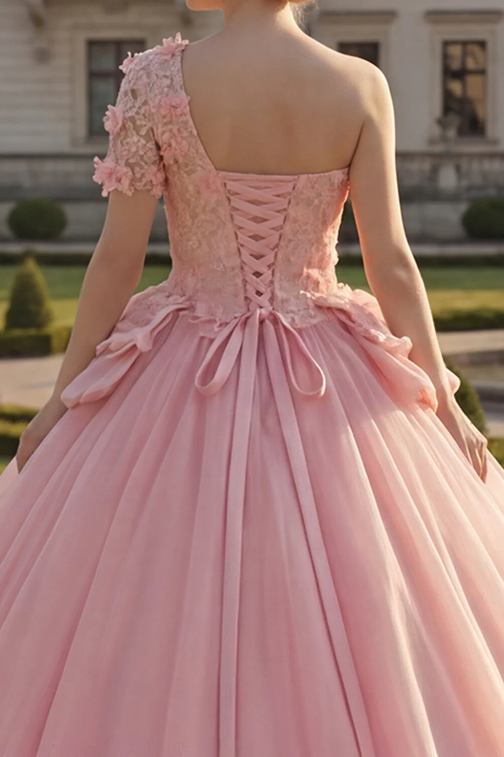 Ball Gown Pink One Shoulder Appliqued Quinceanera Dress - Image 4