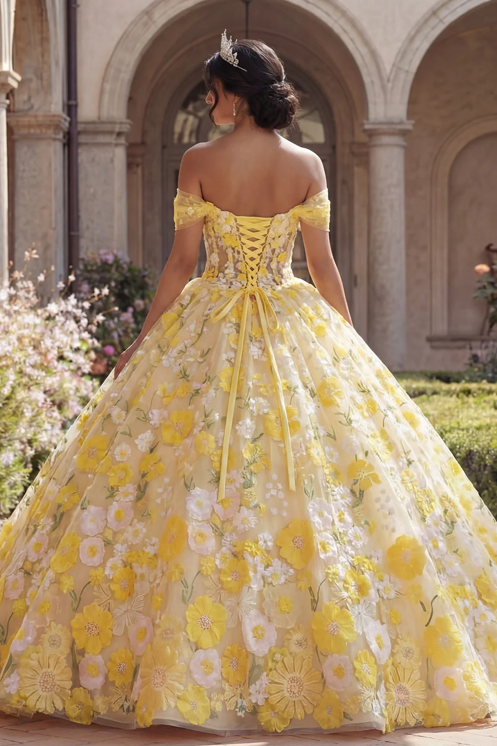Ball Gown Yellow Off the Shoulder Corset Appliqued Quinceanera Dress - Image 2