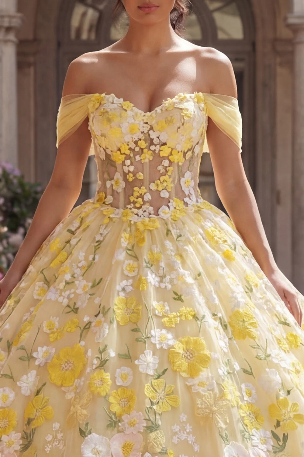 Ball Gown Yellow Off the Shoulder Corset Appliqued Quinceanera Dress - Image 3