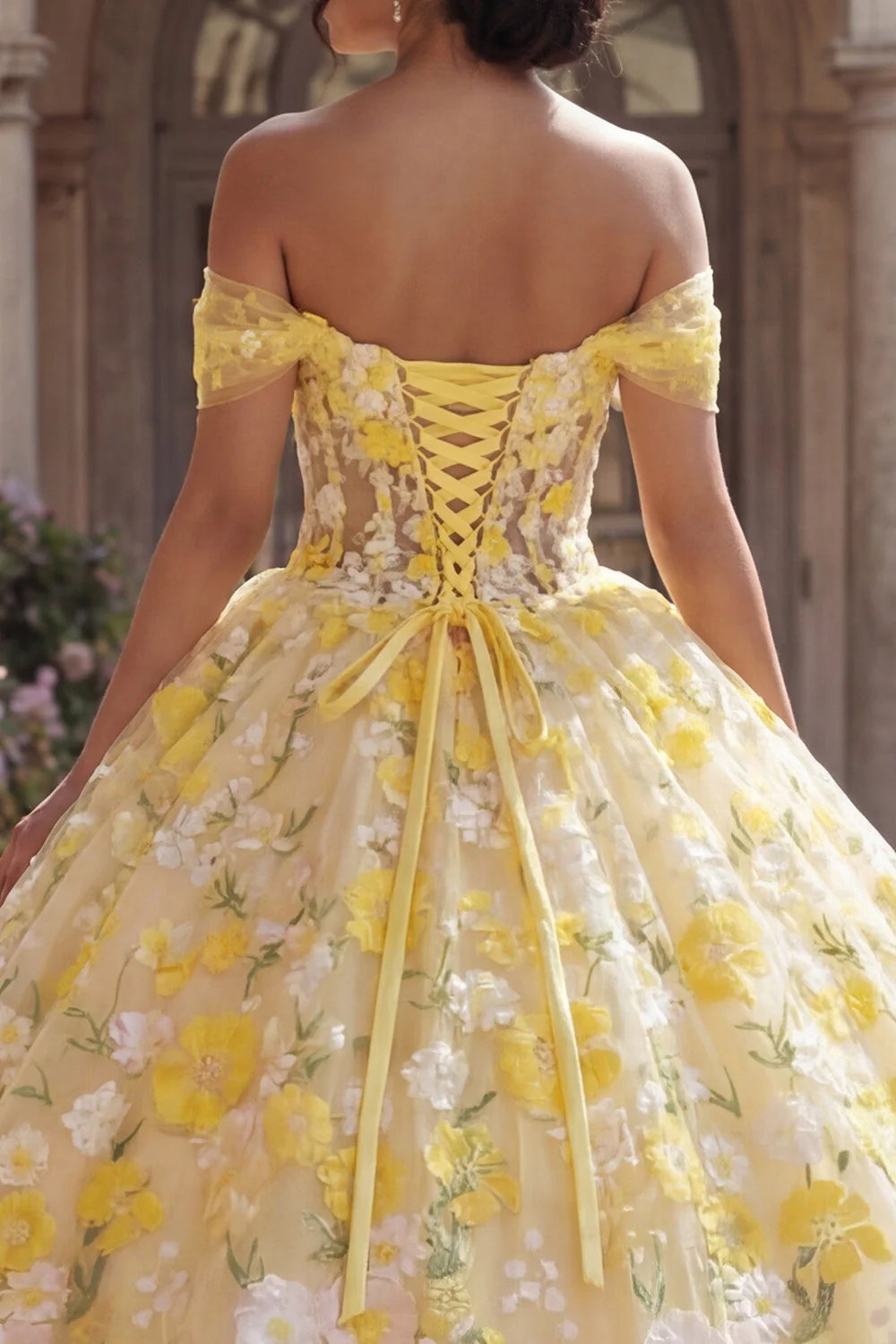 Ball Gown Yellow Off the Shoulder Corset Appliqued Quinceanera Dress - Image 4