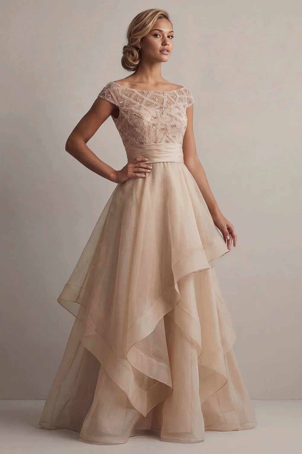 Bateau Neck A Line Champagne Sequin Mother Of the Bride Dress - Image 3