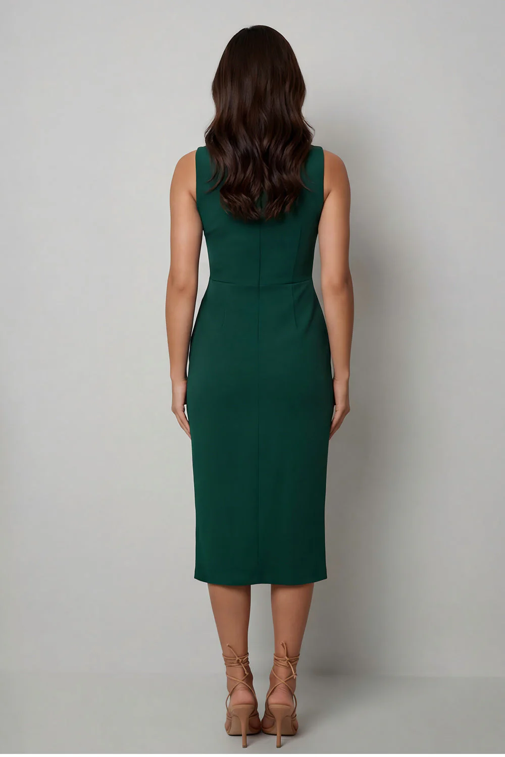 Dark Green Sheath Bateau Neck Midi Work Dress with Slit - Image 2