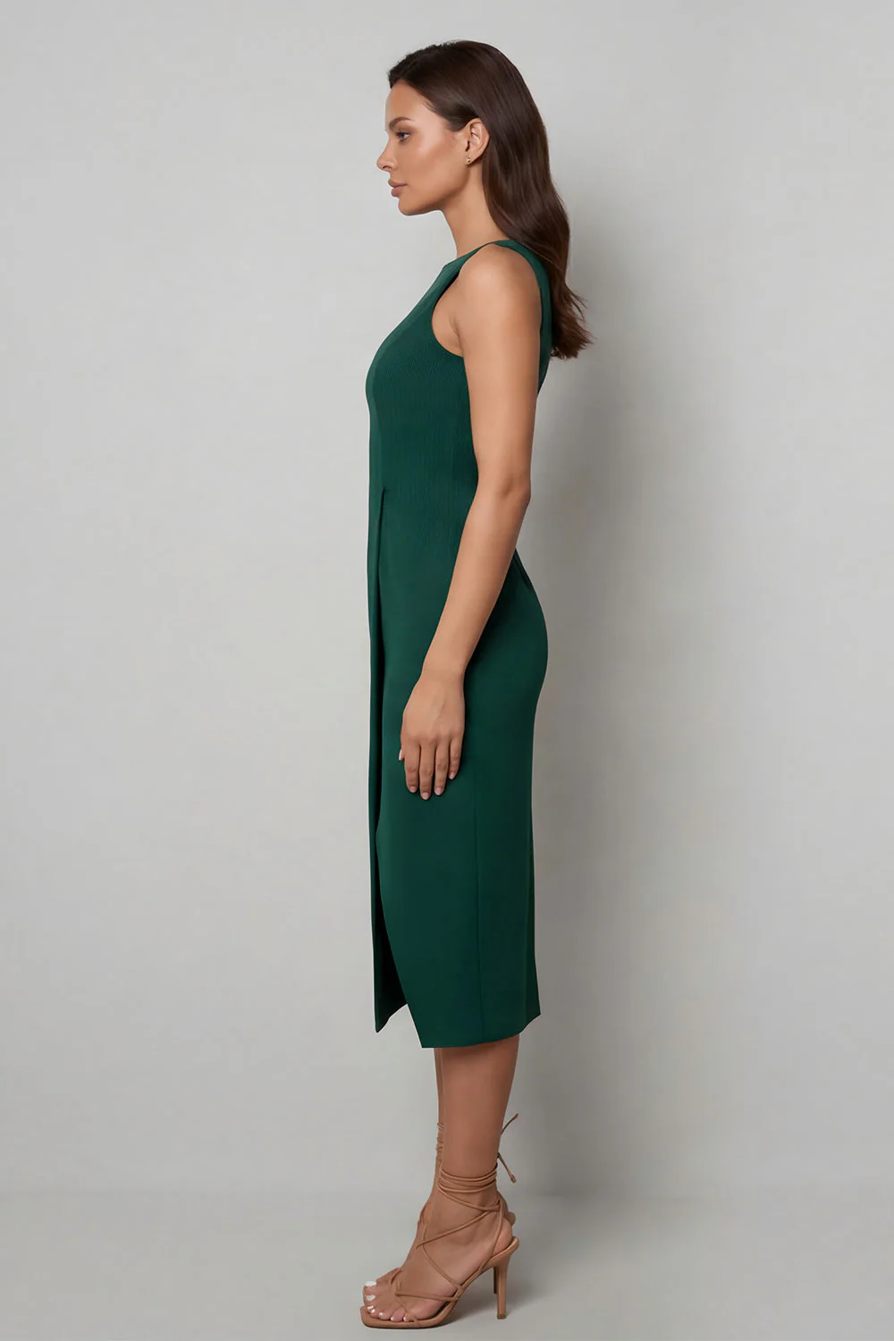 Dark Green Sheath Bateau Neck Midi Work Dress with Slit - Image 3