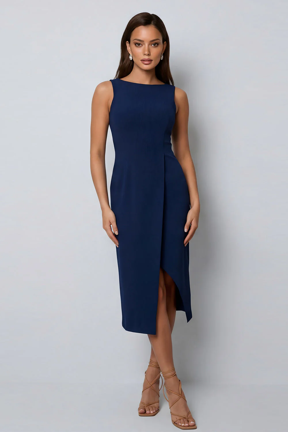 Dark Green Sheath Bateau Neck Midi Work Dress with Slit - Image 6