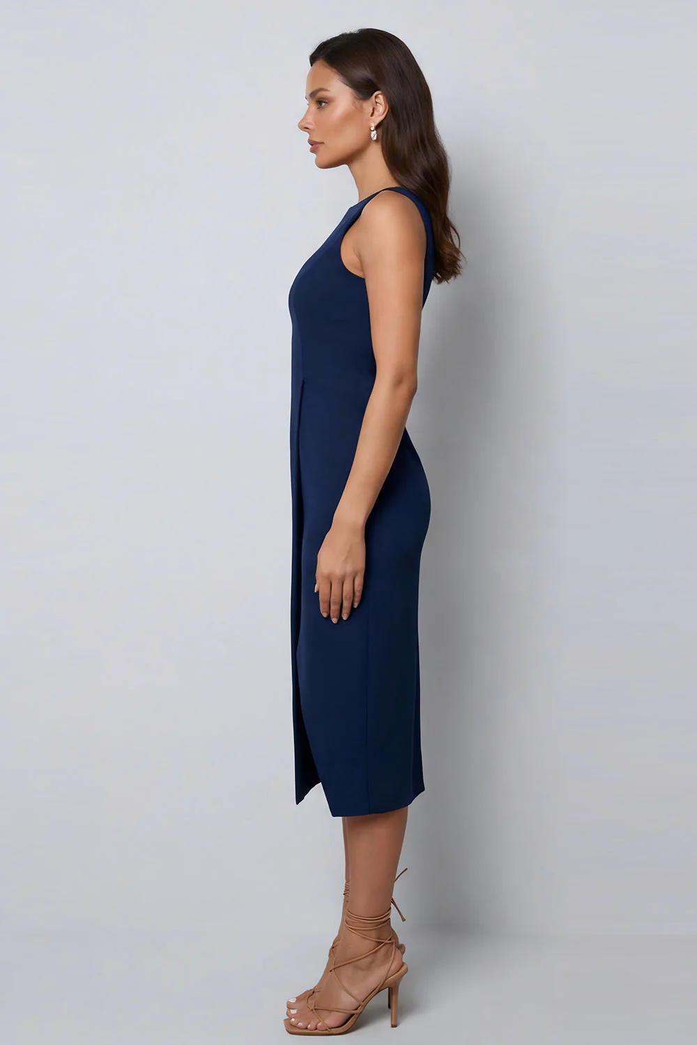 Dark Green Sheath Bateau Neck Midi Work Dress with Slit - Image 8