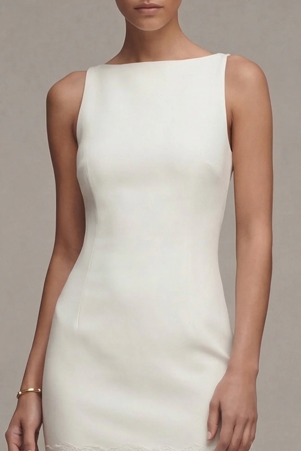 Bateau Neck Lace White Midi Engagement Dress - Image 3