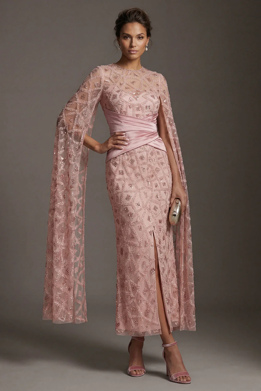 Blush Sheath Beaded Mother Of Bride Dress with Cap Sleeves