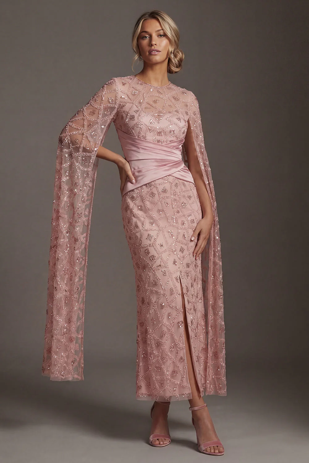 Blush Sheath Beaded Mother Of Bride Dress with Cap Sleeves - Image 3