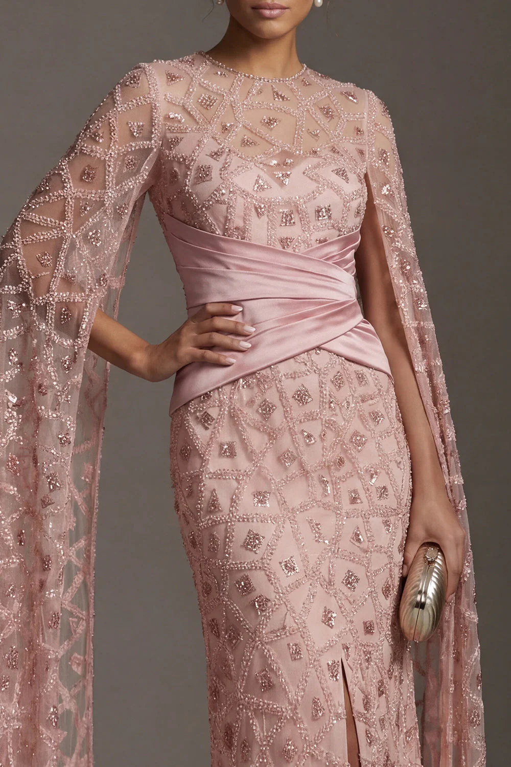 Blush Sheath Beaded Mother Of Bride Dress with Cap Sleeves - Image 4