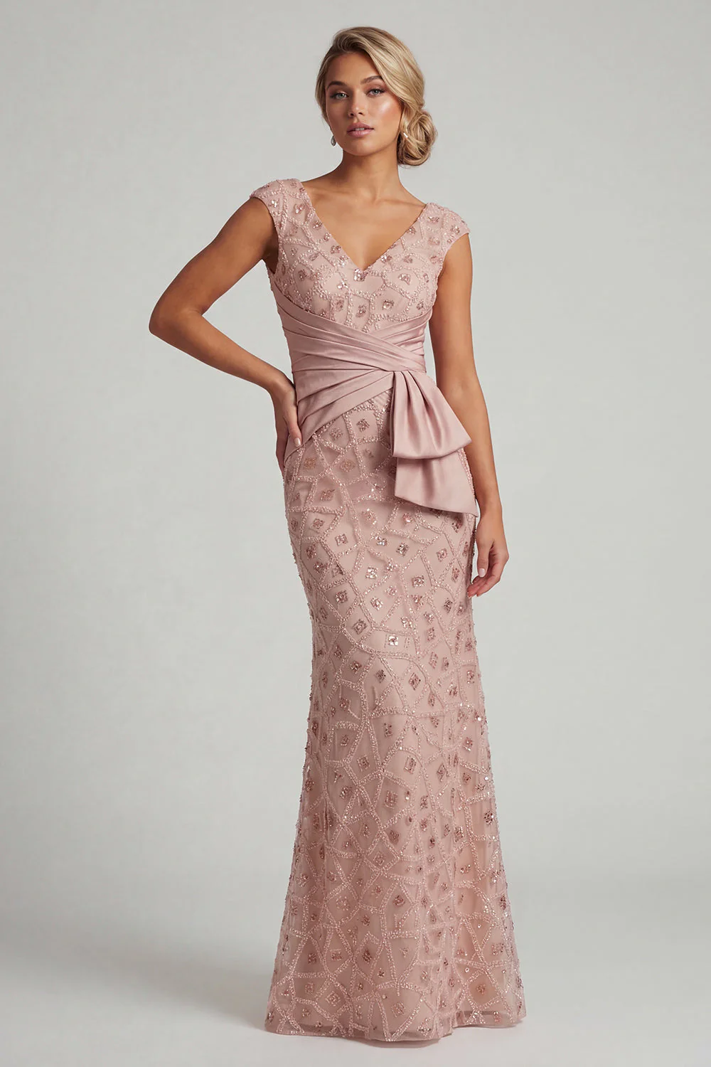 Mermaid Beaded Blush V Neck Long Mother Of Bride Dress - Image 3