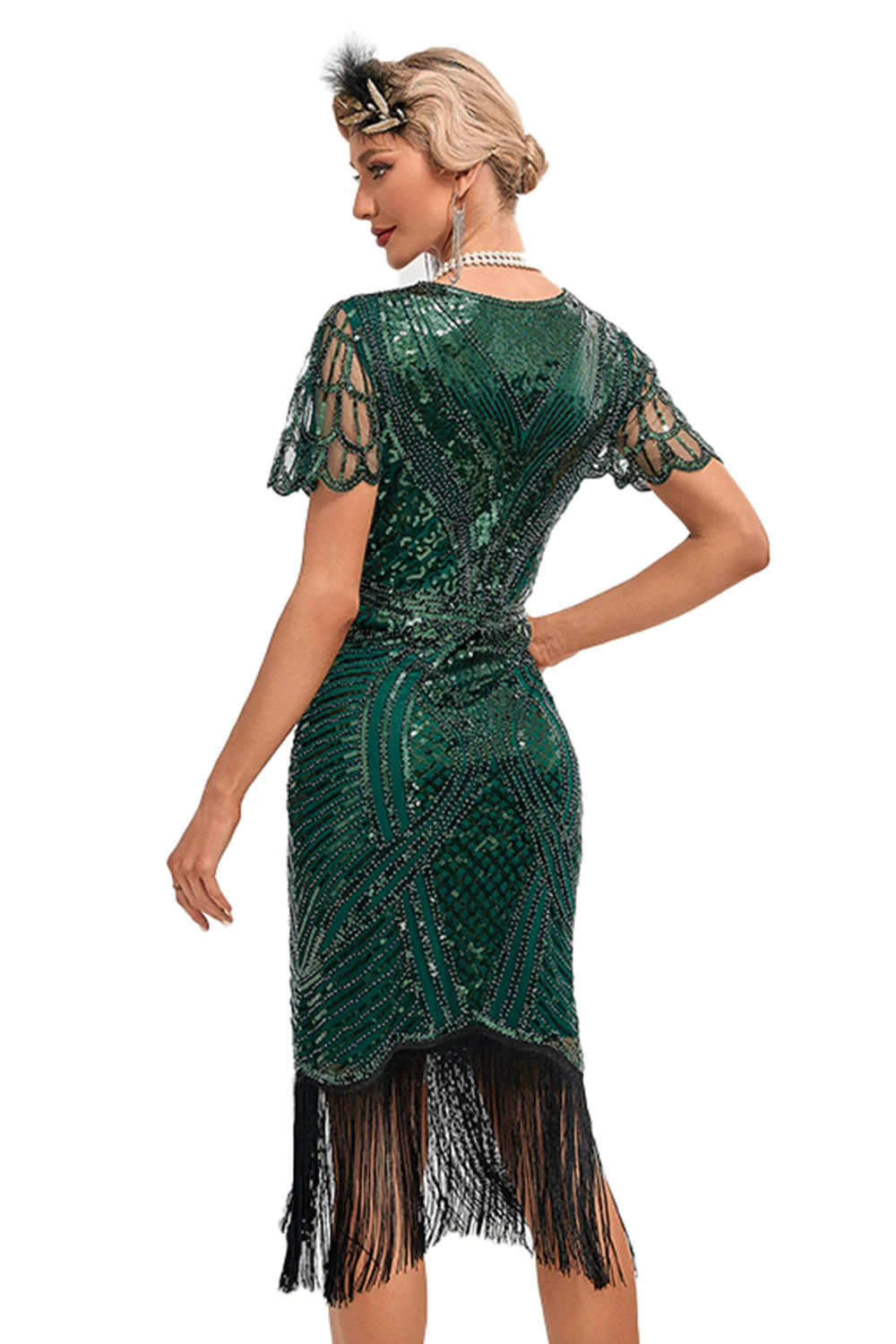 Beading Dark Green Glitter Fringes Flapper Dress with Accessories Set - Image 2