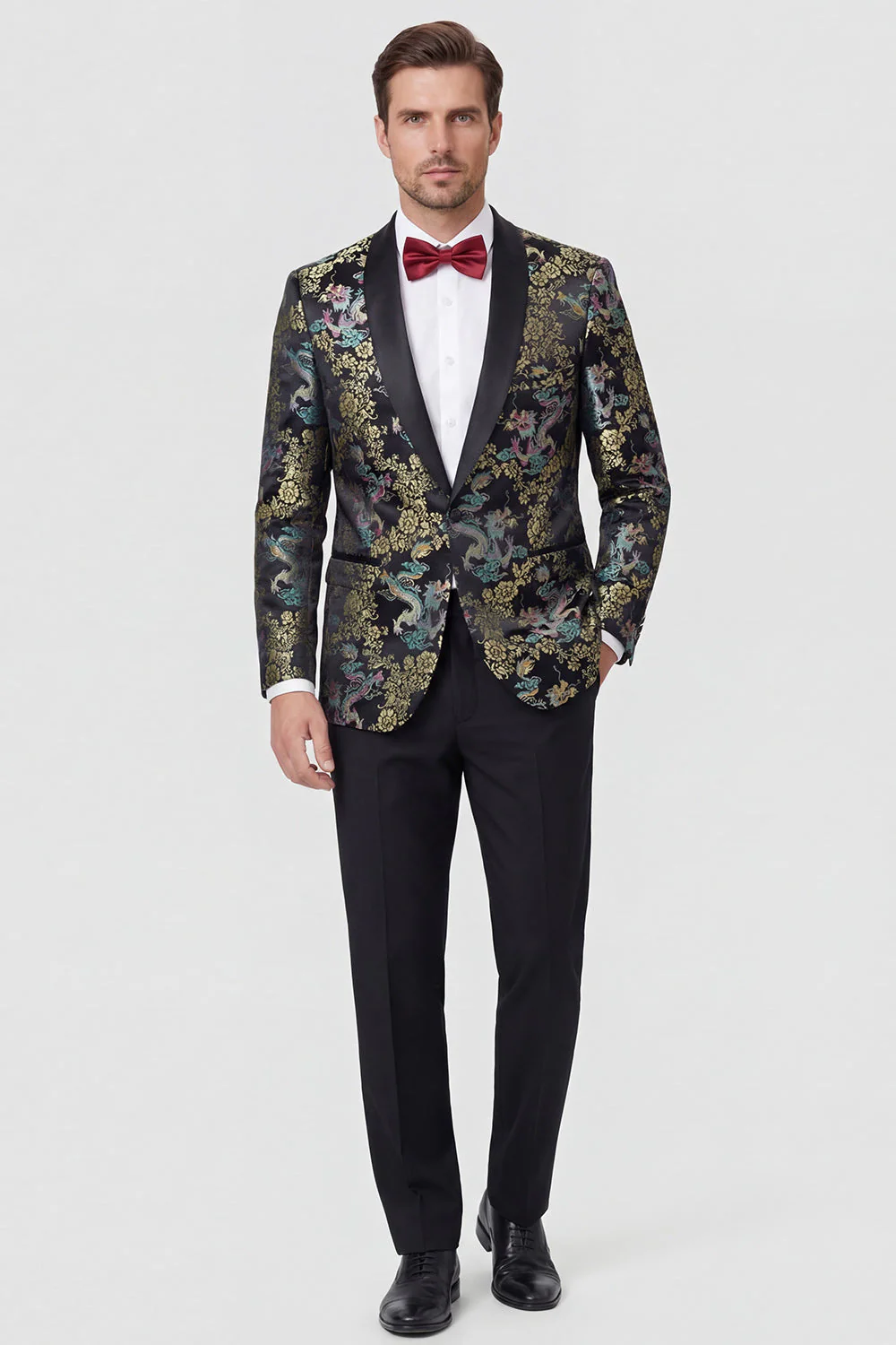 Black 2 Piece Shawl Lapel One Button Jacquard Men's Prom Suits