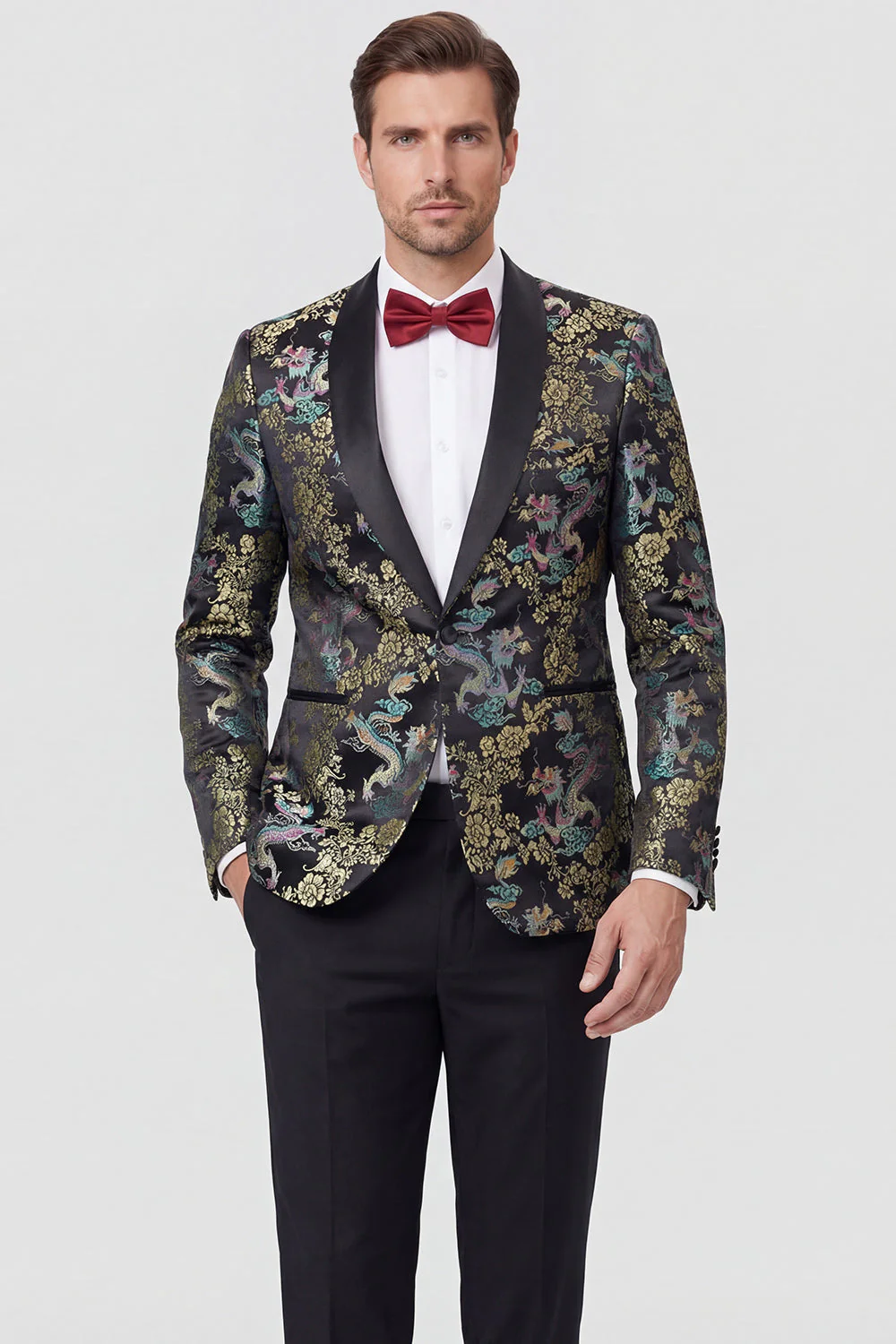 Black 2 Piece Shawl Lapel One Button Jacquard Men's Prom Suits - Image 2