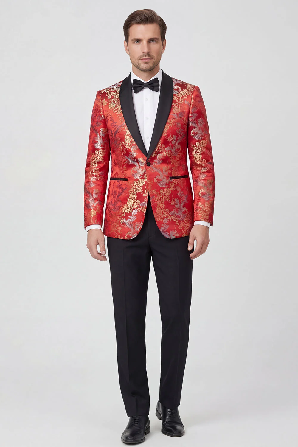 Black 2 Piece Shawl Lapel One Button Jacquard Men's Prom Suits - Image 3