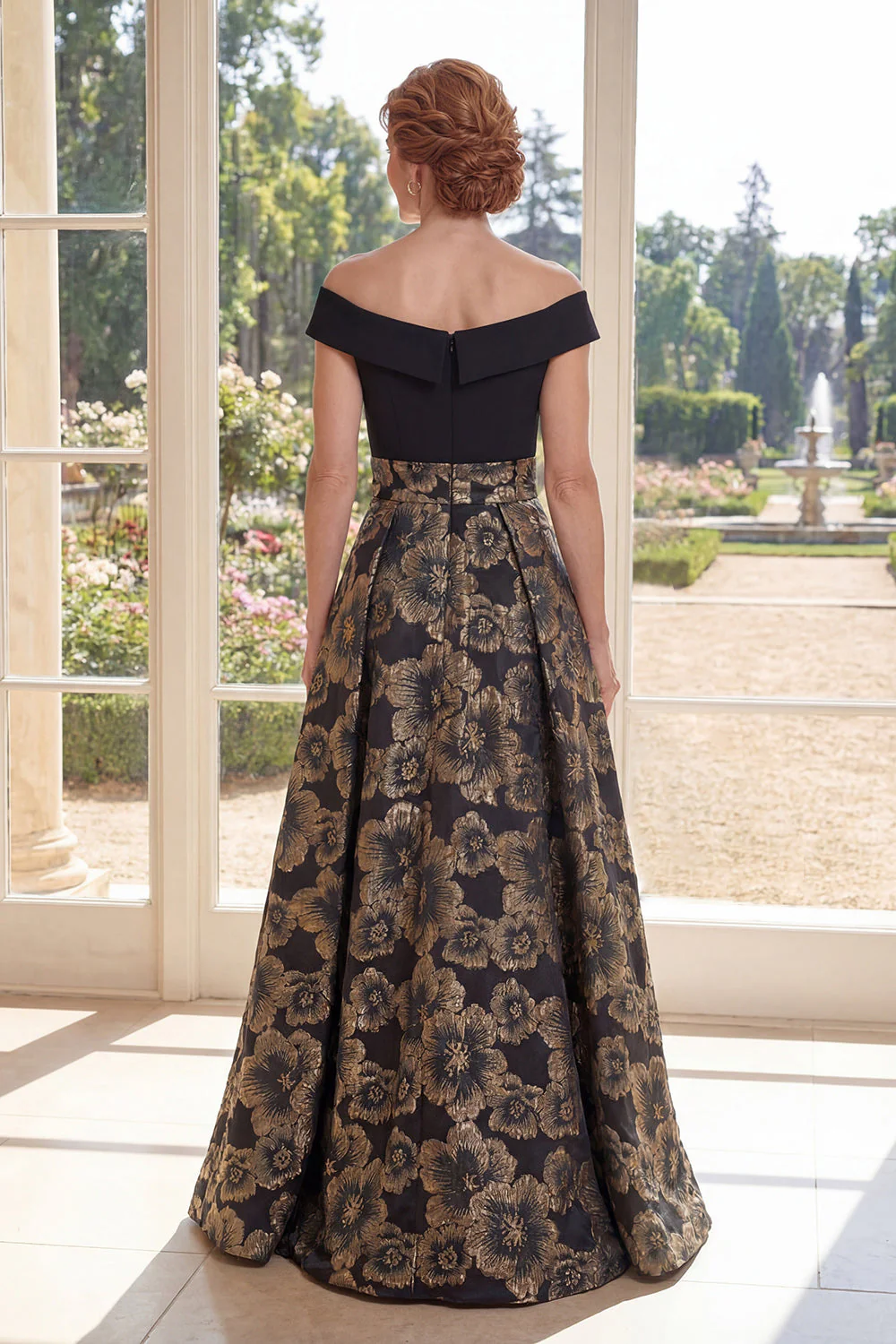 Black Off the Shoulder Jacquard A Line Long Mother Of the Bride Dress - Image 2