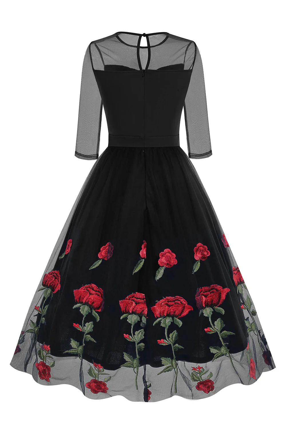 Black A Line Rose Floral 1950s Dress with Half Sleeves - Image 2