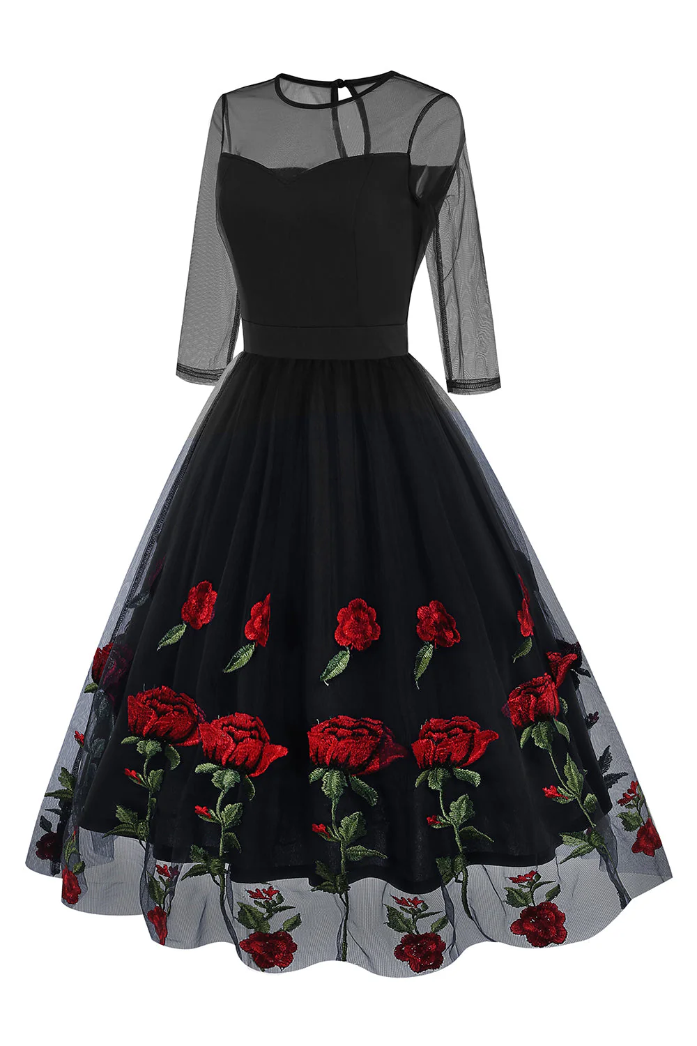 Black A Line Rose Floral 1950s Dress with Half Sleeves - Image 3