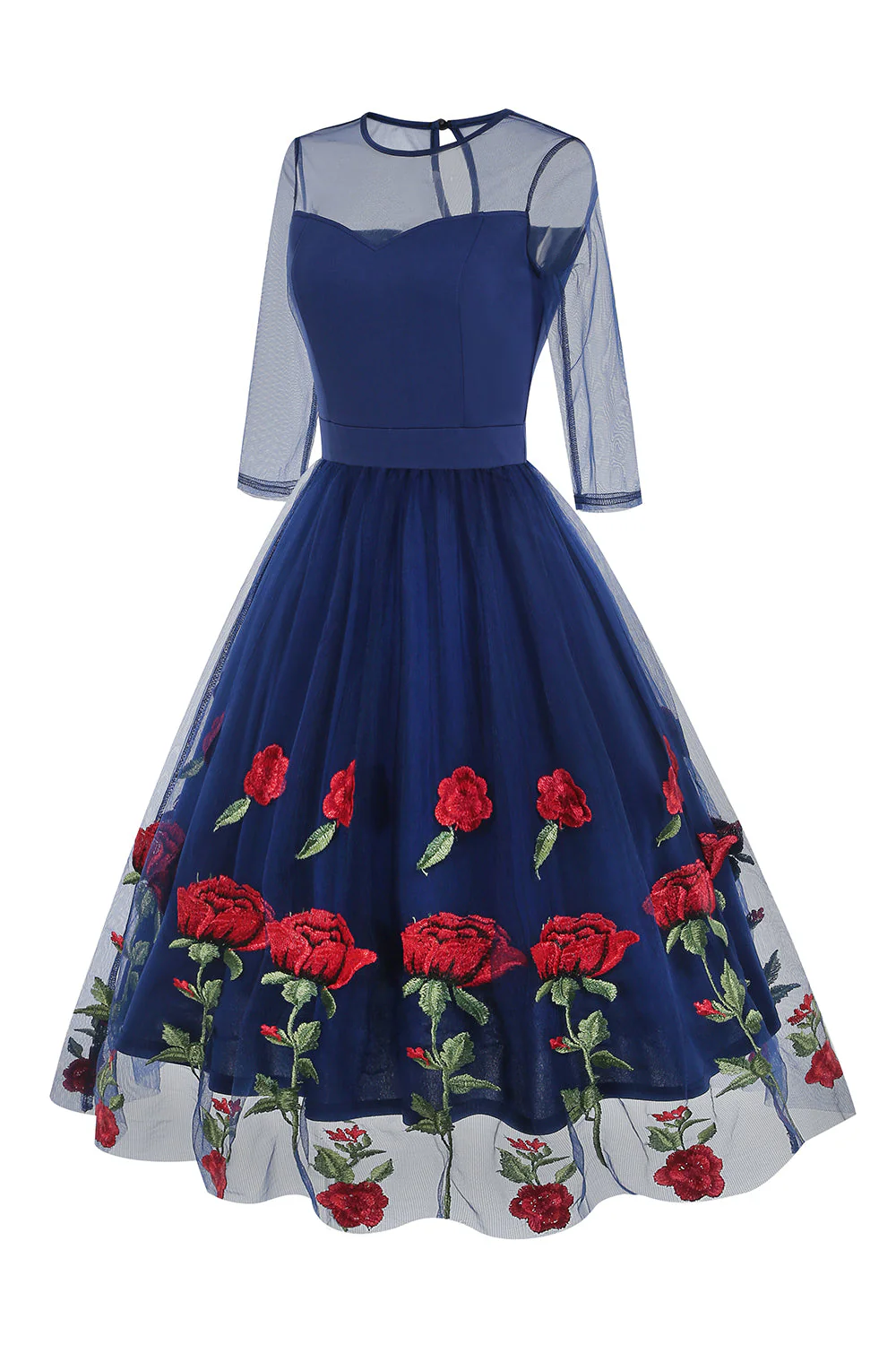 Black A Line Rose Floral 1950s Dress with Half Sleeves - Image 4