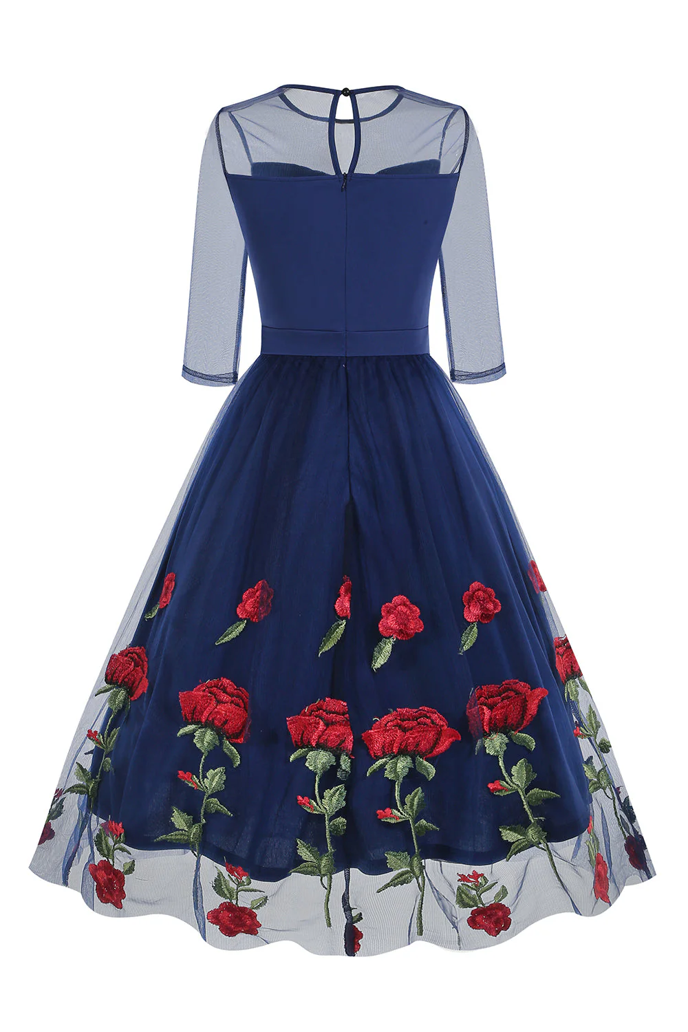 Black A Line Rose Floral 1950s Dress with Half Sleeves - Image 5