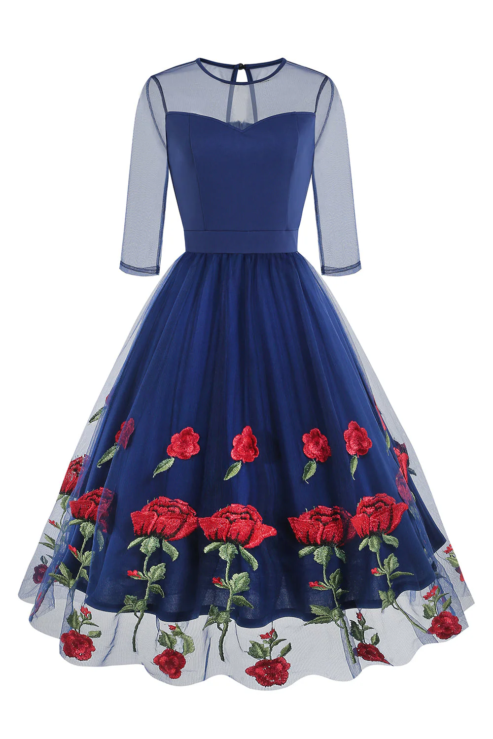 Black A Line Rose Floral 1950s Dress with Half Sleeves - Image 6