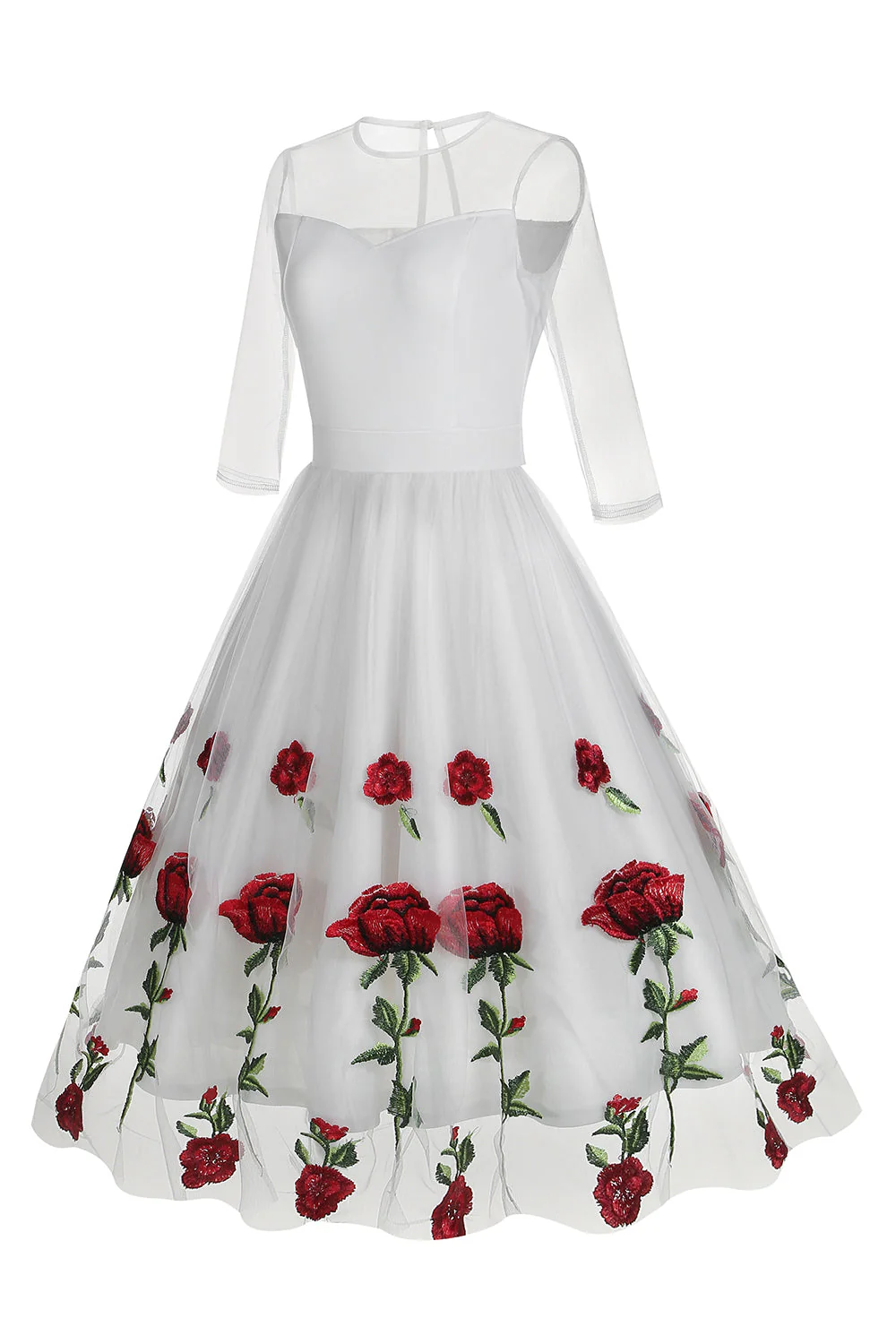 Black A Line Rose Floral 1950s Dress with Half Sleeves - Image 7