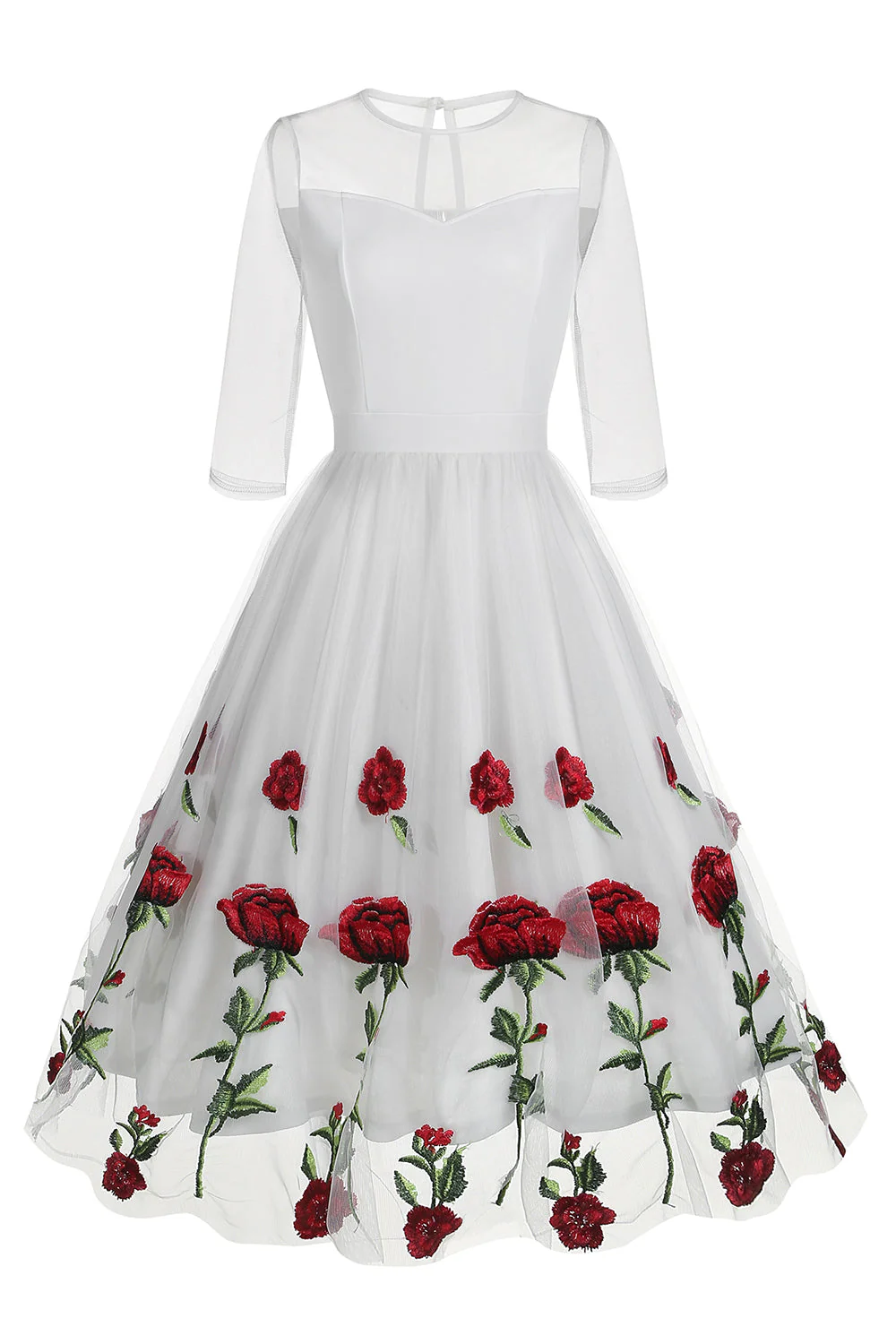 Black A Line Rose Floral 1950s Dress with Half Sleeves - Image 9